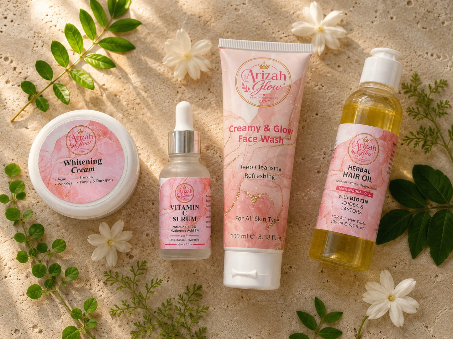 Arizah Glow Complete Beauty Care Bundle | Face Wash, Vitamin C Serum, Whitening Cream & Herbal Hair Oil