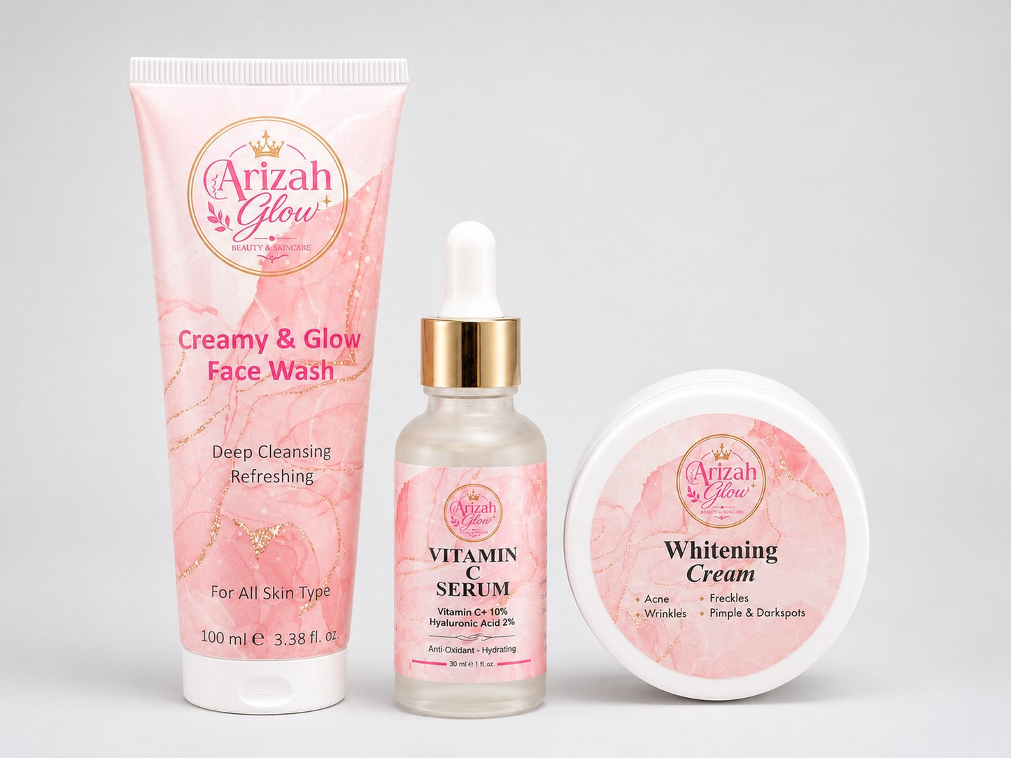 Arizah Glow Complete Skincare Trio | Face Wash + Vitamin C Serum + Whitening Cream