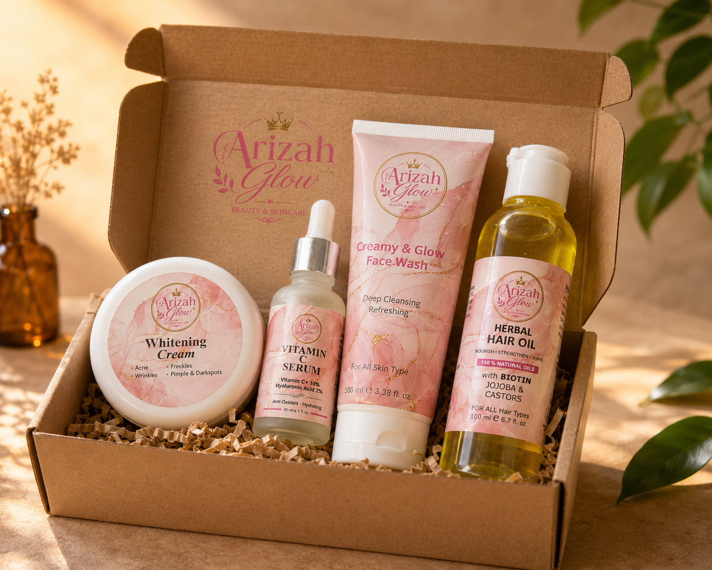 Arizah Glow Complete Beauty Care Bundle | Face Wash, Vitamin C Serum, Whitening Cream & Herbal Hair Oil