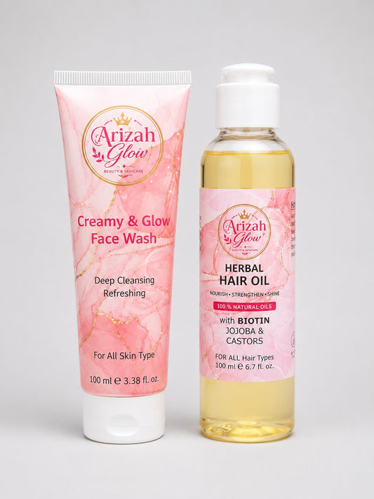 Arizah Glow Face & Hair Care Duo | Creamy & Glow Face Wash + Herbal Hair Oil